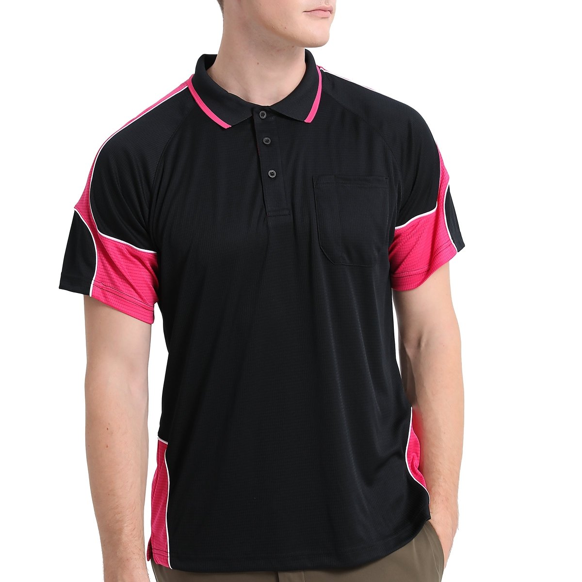 "Men’s Short Sleeve Panel polo shirt in Black with pink, model front – Big Bee Workwear"