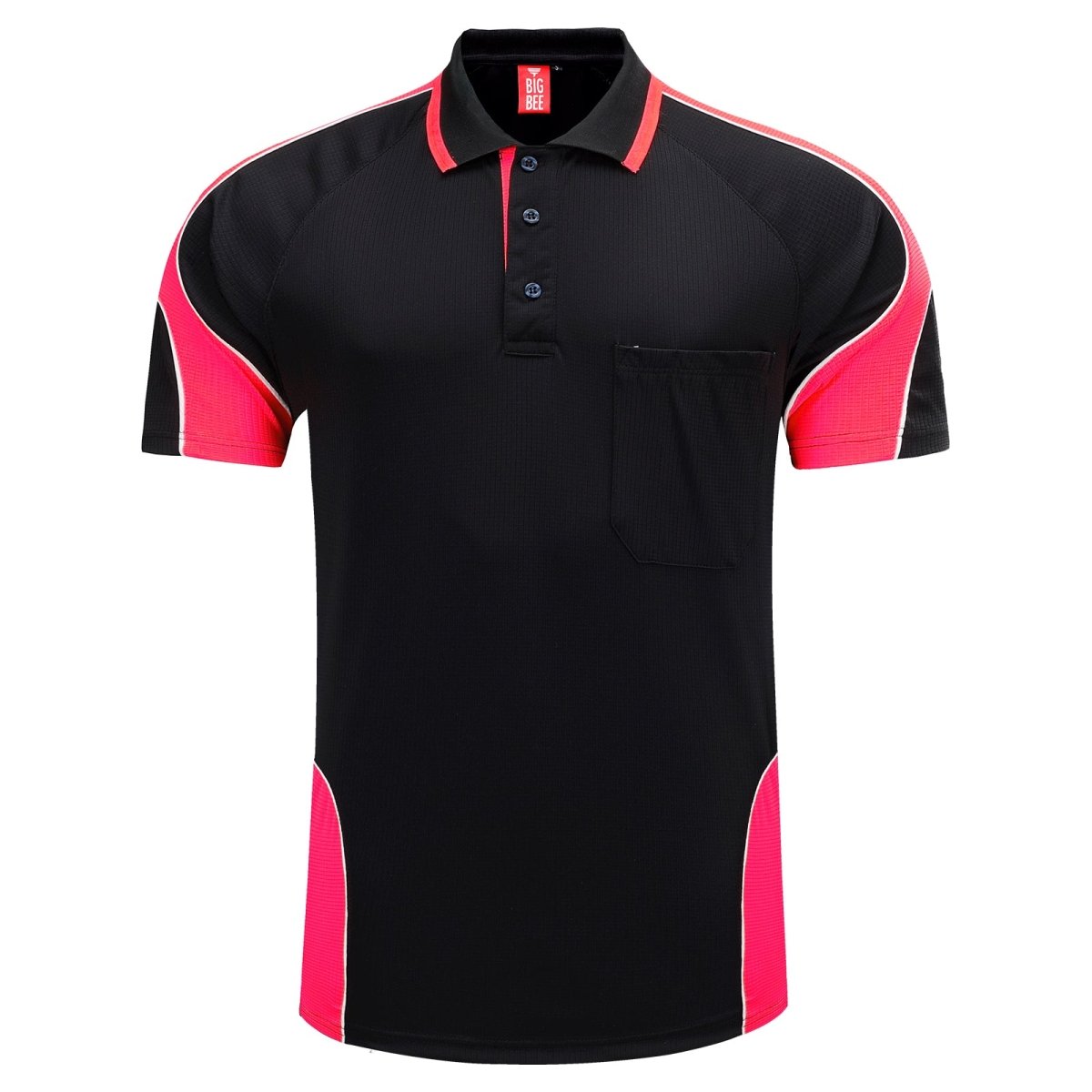 "Men’s Short Sleeve Panel polo shirt in Black with pink, front – Big Bee Workwear"