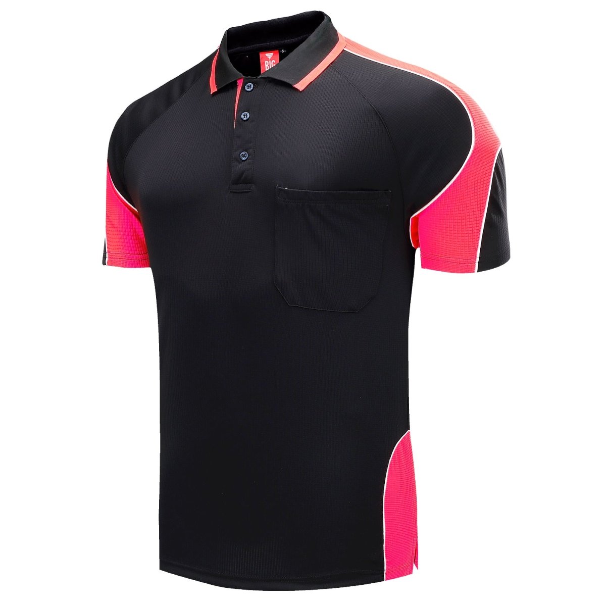 "Men’s Short Sleeve Panel polo shirt in Black with pink, side – Big Bee Workwear"