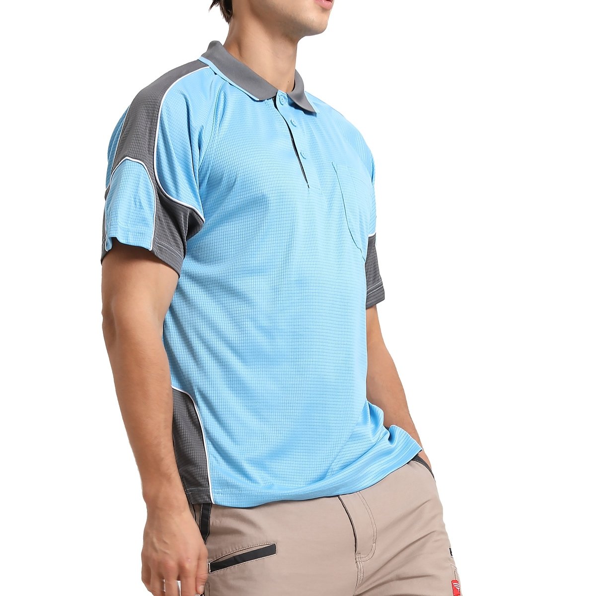 "Men’s Short Sleeve Panel polo shirt in Aqua Blue with Grey Charcoal, model side – Big Bee Workwear"