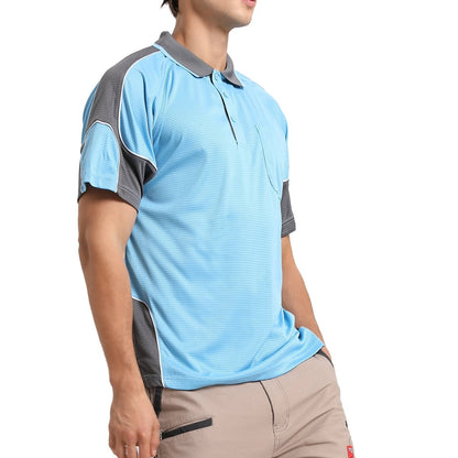 "Men’s Short Sleeve Panel polo shirt in Aqua Blue with Grey Charcoal, model side – Big Bee Workwear"
