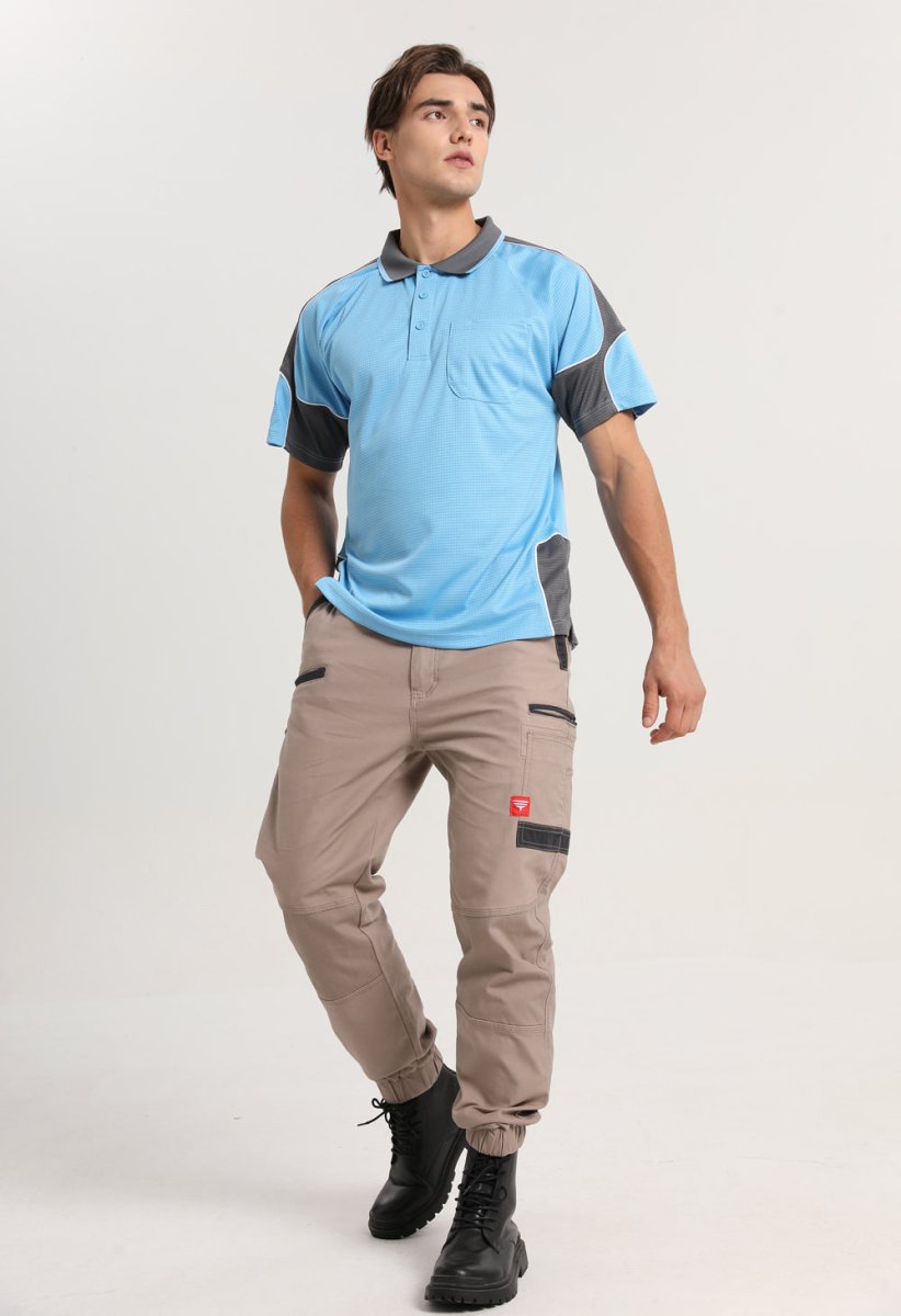 "Men’s Short Sleeve Panel polo shirt in Aqua Blue with Grey Charcoal, model posed – Big Bee Workwear"