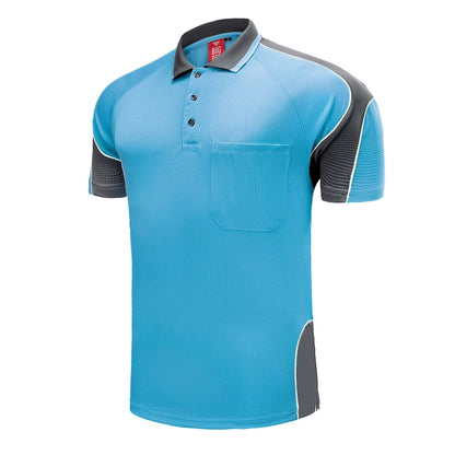 "Men’s Short Sleeve Panel polo shirt in Aqua Blue with Grey Charcoal, side – Big Bee Workwear"