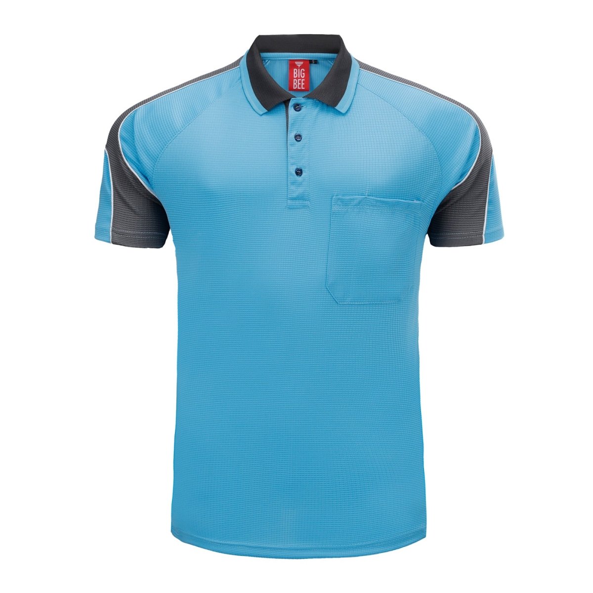 "Men’s Short Sleeve Panel polo shirt in Aqua Blue with Grey Charcoal, front – Big Bee Workwear"