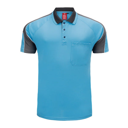"Men’s Short Sleeve Panel polo shirt in Aqua Blue with Grey Charcoal, front – Big Bee Workwear"