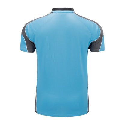 "Men’s Short Sleeve Panel polo shirt in Aqua Blue with Grey Charcoal, back – Big Bee Workwear"