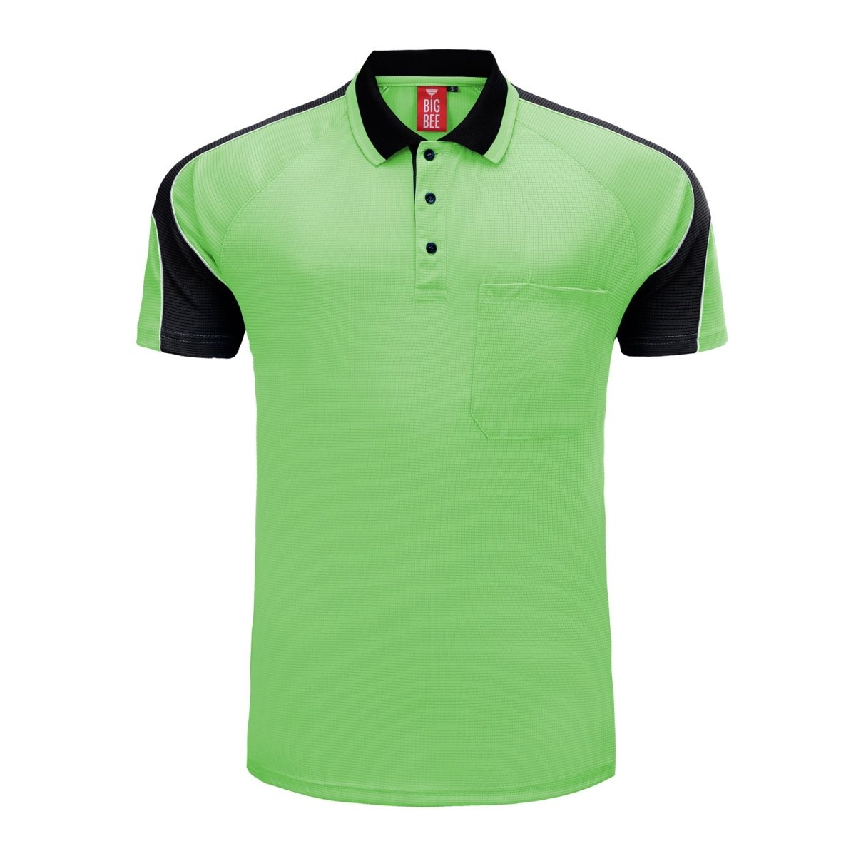 "Men’s Short Sleeve Panel polo shirt in Lime Green with black, front – Big Bee Workwear"