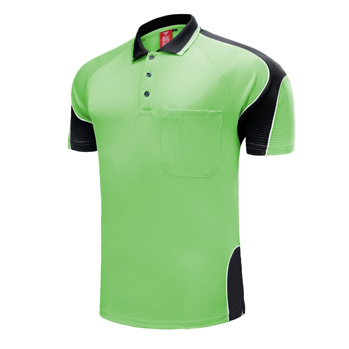 "Men’s Short Sleeve Panel polo shirt in Lime Green with black, side – Big Bee Workwear"