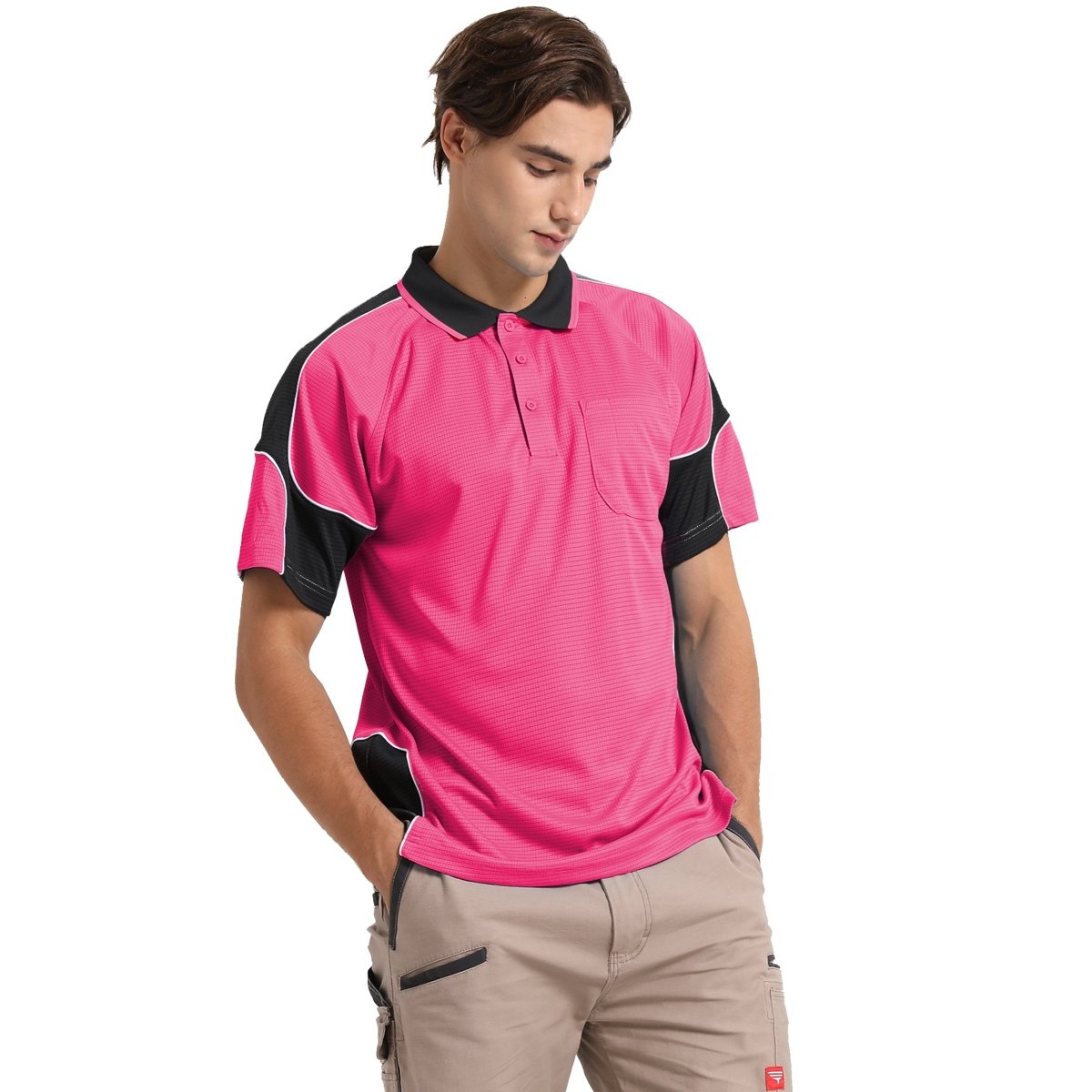 "Men’s Short Sleeve Panel polo shirt in pink with black, model front – Big Bee Workwear"