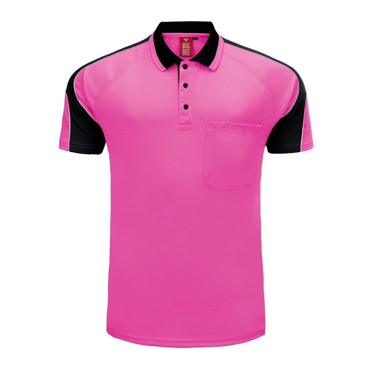 "Men’s Short Sleeve Panel polo shirt in pink with black, front – Big Bee Workwear"