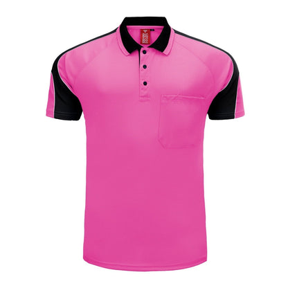 "Men’s Short Sleeve Panel polo shirt in pink with black, front – Big Bee Workwear"