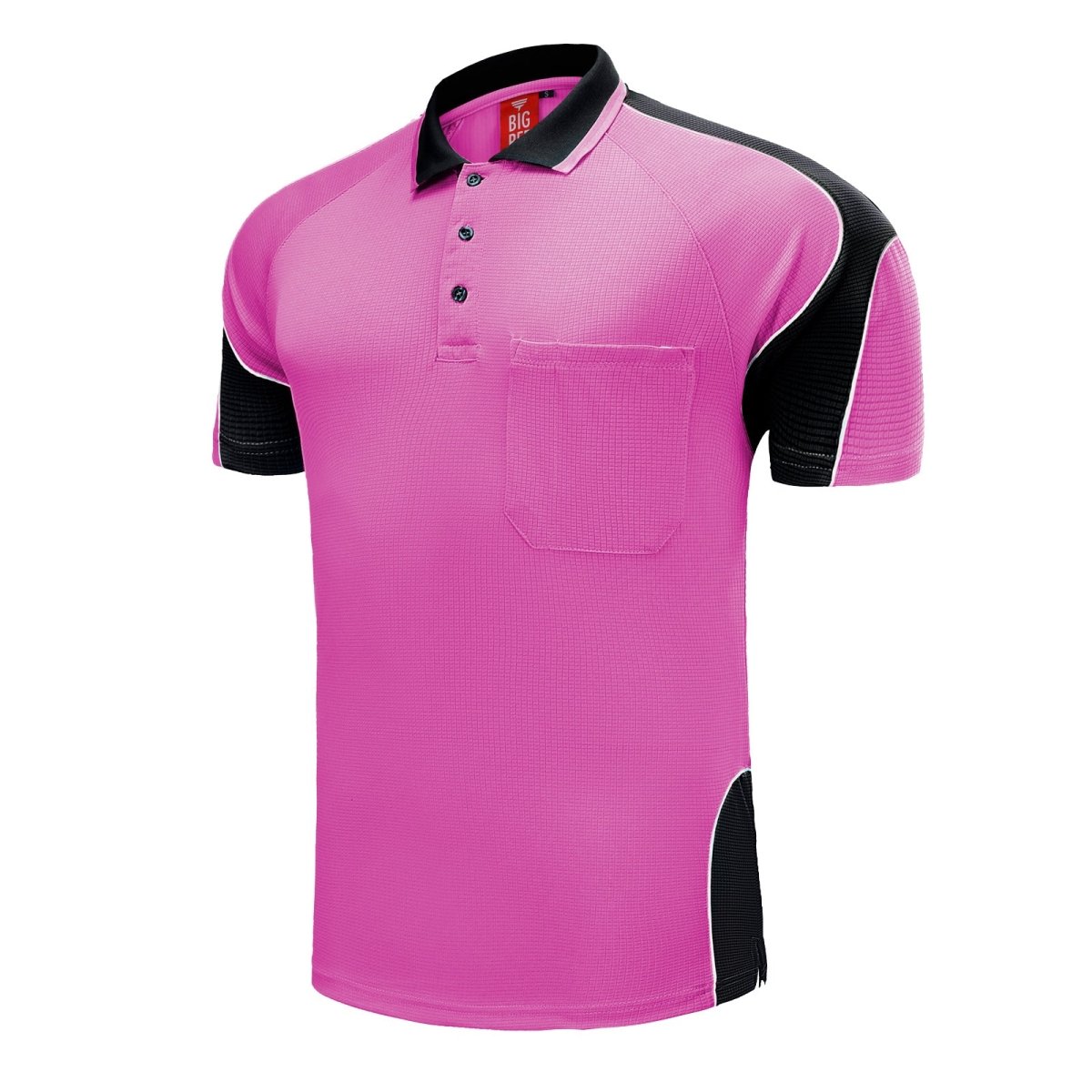 "Men’s Short Sleeve Panel polo shirt in pink with black, side – Big Bee Workwear"