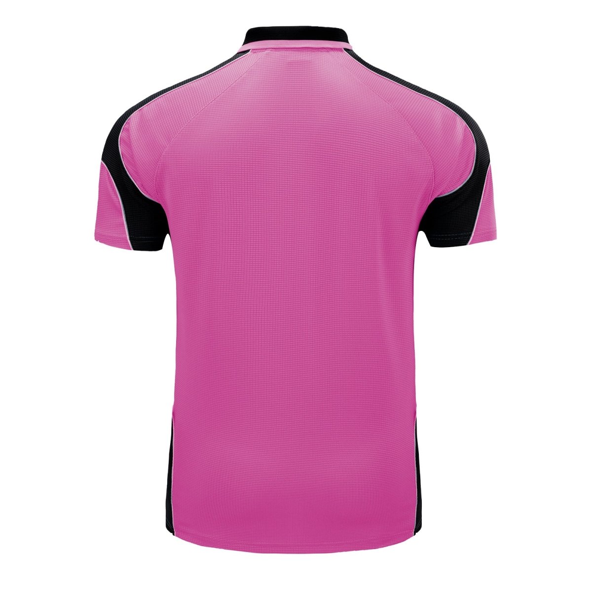 "Men’s Short Sleeve Panel polo shirt in pink with black, back – Big Bee Workwear"