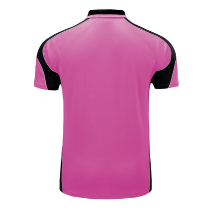 "Men’s Short Sleeve Panel polo shirt in pink with black, back – Big Bee Workwear"