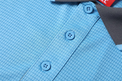 "Men’s Short Sleeve Panel polo shirt button detail close-up – Big Bee Workwear"