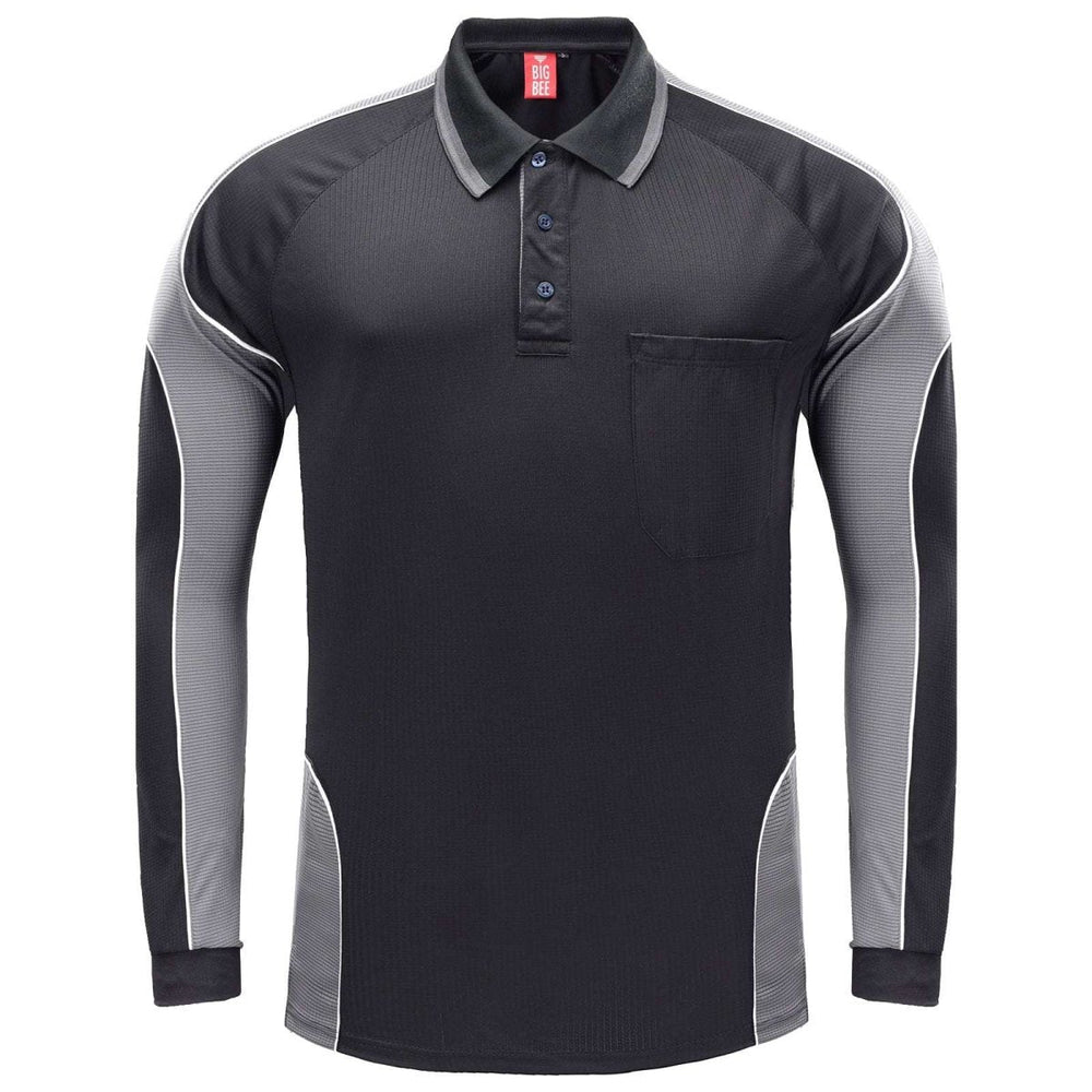Men’s Panel Long Sleeve polo shirt in Black with grey charcoal, front – Big Bee Workwear