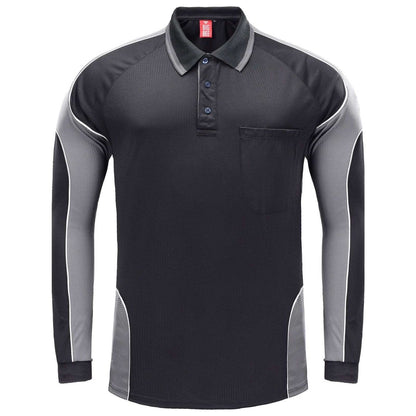 "Men’s Panel Long Sleeve polo shirt in Black with grey charcoal, front – Big Bee Workwear"