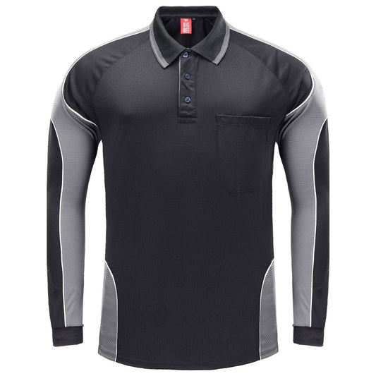 "Men’s Panel Long Sleeve polo shirt in Black with grey charcoal, front – Big Bee Workwear"