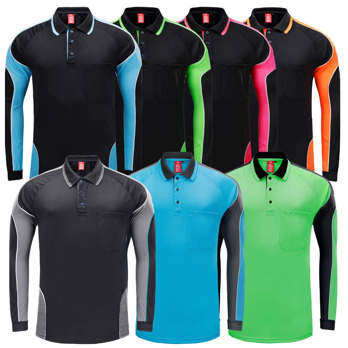 "Men’s Panel Long Sleeve polo shirt, multi-colour options overview – Big Bee Workwear"