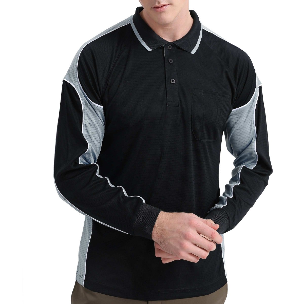 "Men’s Panel Long Sleeve polo shirt in Black with grey charcoal, model front – Big Bee Workwear"
