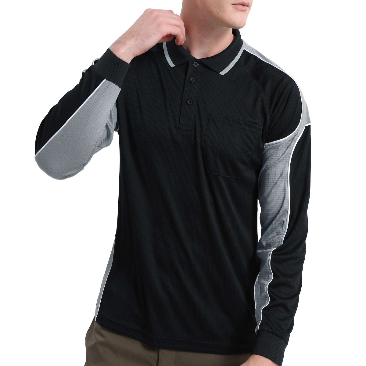 "Men’s Panel Long Sleeve polo shirt in Black with grey charcoal, model posed – Big Bee Workwear"