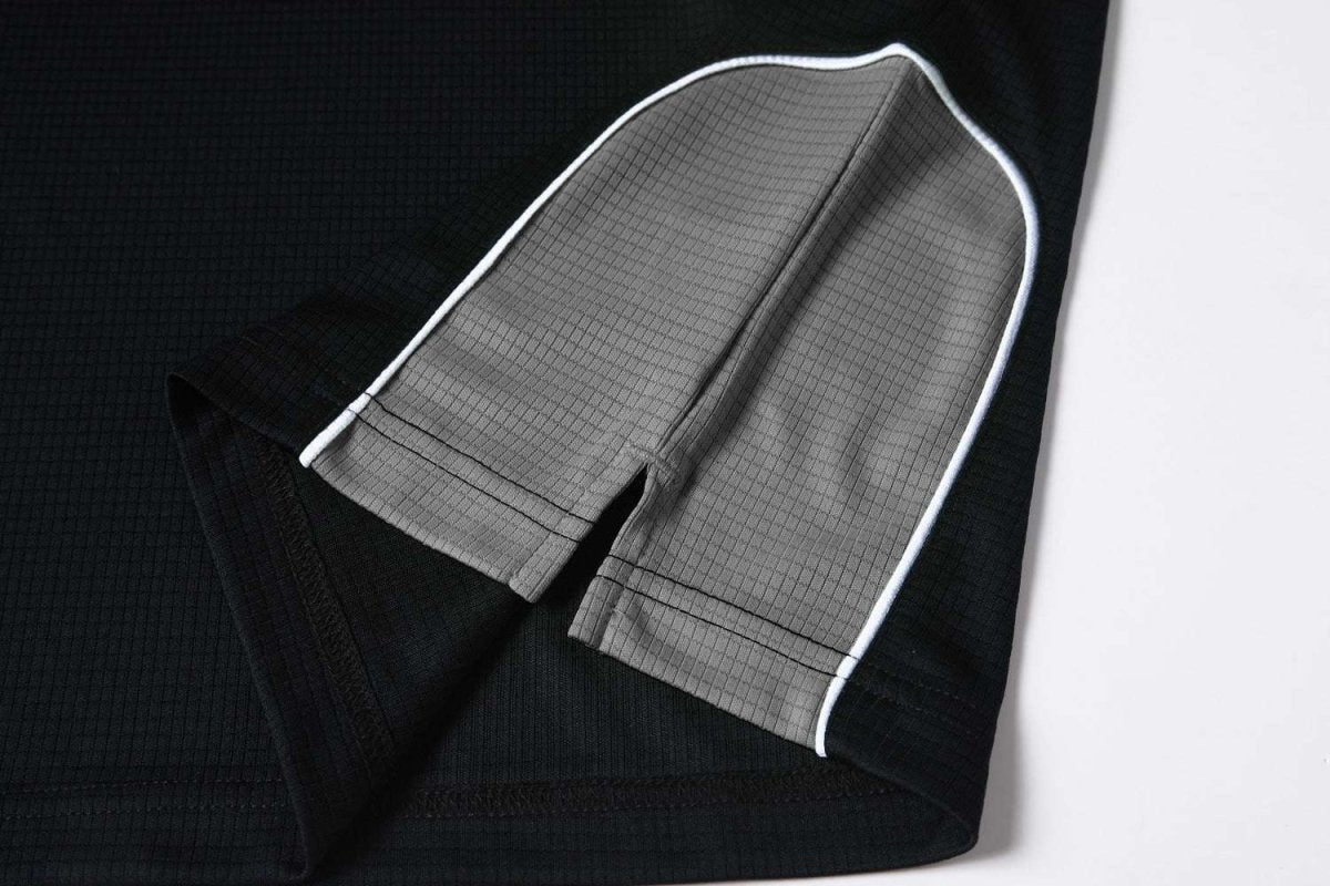 "Men’s Panel Long Sleeve polo shirt hem-contrast detail close-up – Big Bee Workwear"