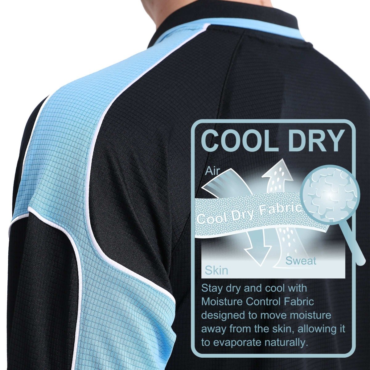 "Men’s Panel Long Sleeve polo shirt fabric close-up with info – Big Bee Workwear"