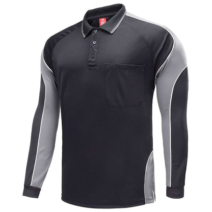 "Men’s Panel Long Sleeve polo shirt in Black with grey charcoal, side – Big Bee Workwear"