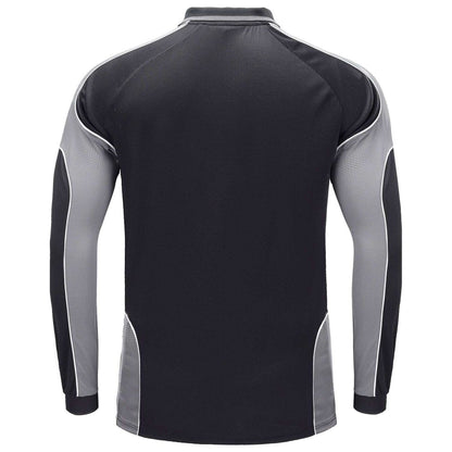 "Men’s Panel Long Sleeve polo shirt in Black with grey charcoal, back – Big Bee Workwear"