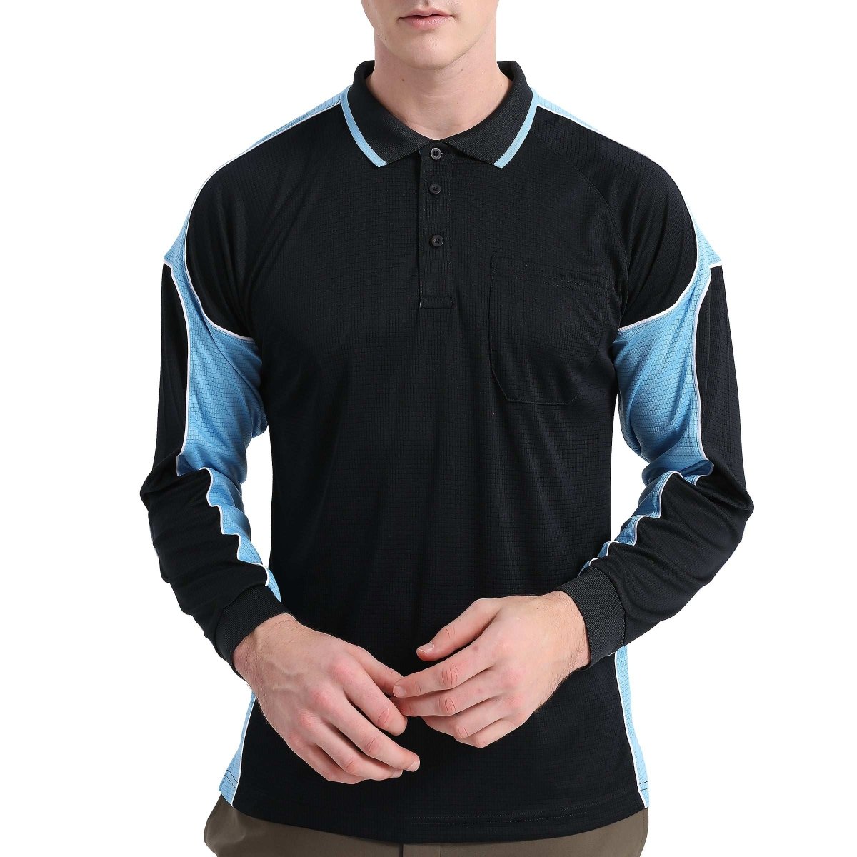 "Men’s Panel Long Sleeve polo shirt in Black with Aqua Blue, model front – Big Bee Workwear"
