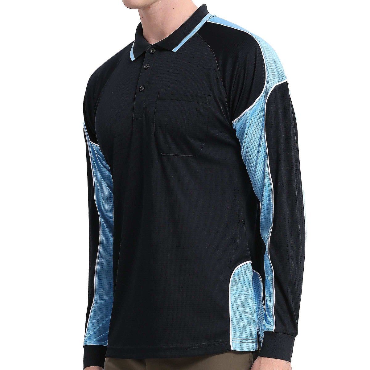 "Men’s Panel Long Sleeve polo shirt in Black with Aqua Blue, model side – Big Bee Workwear"