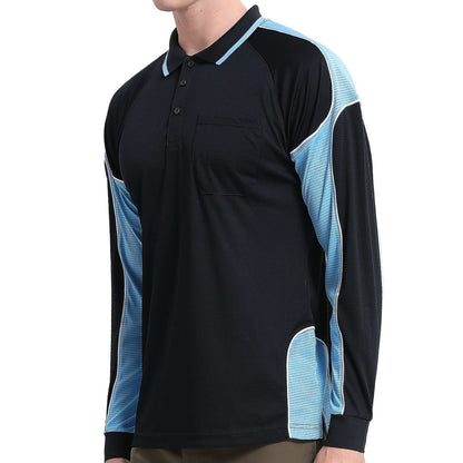 "Men’s Panel Long Sleeve polo shirt in Black with Aqua Blue, model side – Big Bee Workwear"
