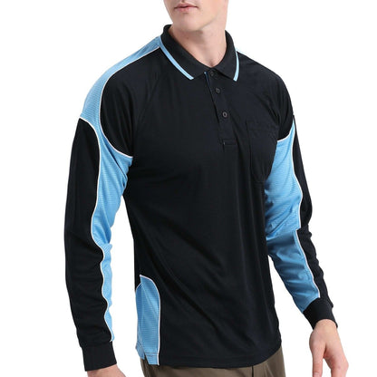 "Men’s Panel Long Sleeve polo shirt in Black with Aqua Blue, model posed – Big Bee Workwear"