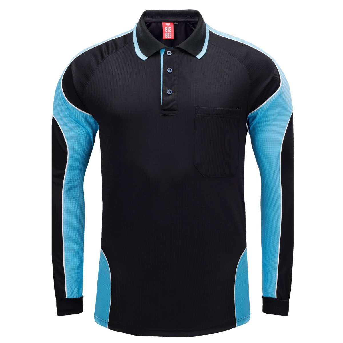 "Men’s Panel Long Sleeve polo shirt in Black with Aqua Blue, front – Big Bee Workwear"