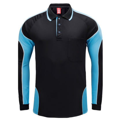 "Men’s Panel Long Sleeve polo shirt in Black with Aqua Blue, front – Big Bee Workwear"