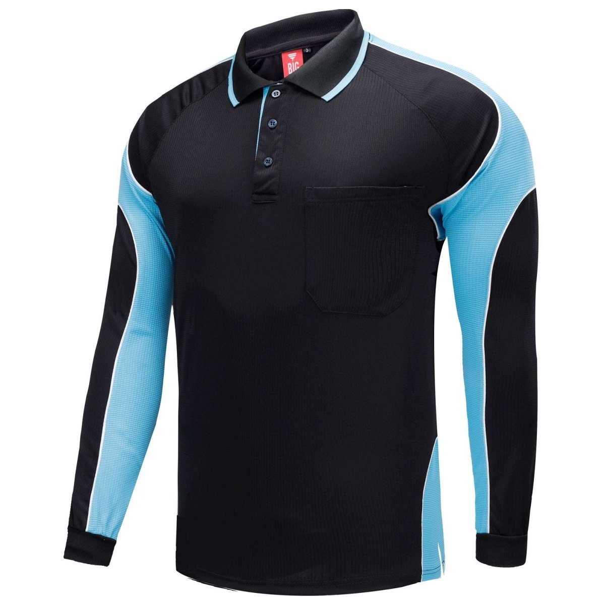 "Men’s Panel Long Sleeve polo shirt in Black with Aqua Blue, side – Big Bee Workwear"
