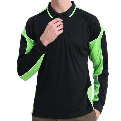 "Men’s Panel Long Sleeve polo shirt in Black with Lime Green, model front – Big Bee Workwear"