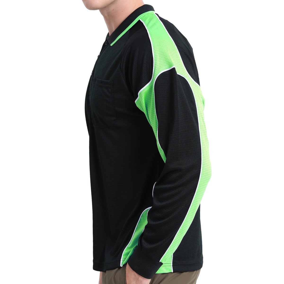 "Men’s Panel Long Sleeve polo shirt in Black with Lime Green, model side – Big Bee Workwear"