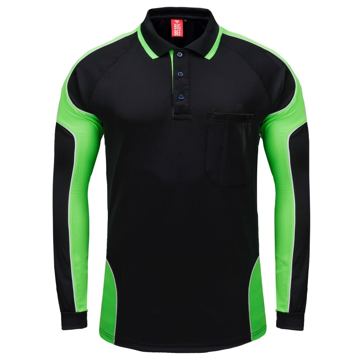 "Men’s Panel Long Sleeve polo shirt in Black with Lime Green, front – Big Bee Workwear"