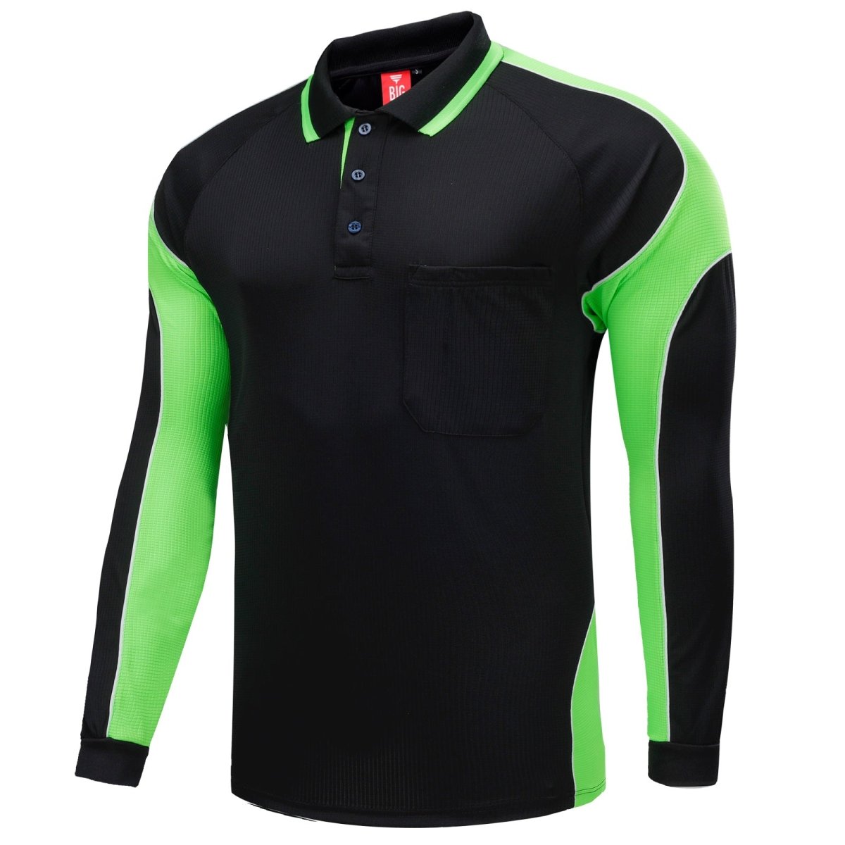 "Men’s Panel Long Sleeve polo shirt in Black with Lime Green, side – Big Bee Workwear"