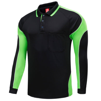 "Men’s Panel Long Sleeve polo shirt in Black with Lime Green, side – Big Bee Workwear"