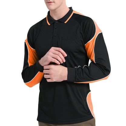 "Men’s Panel Long Sleeve polo shirt in Black with orange, model posed – Big Bee Workwear"