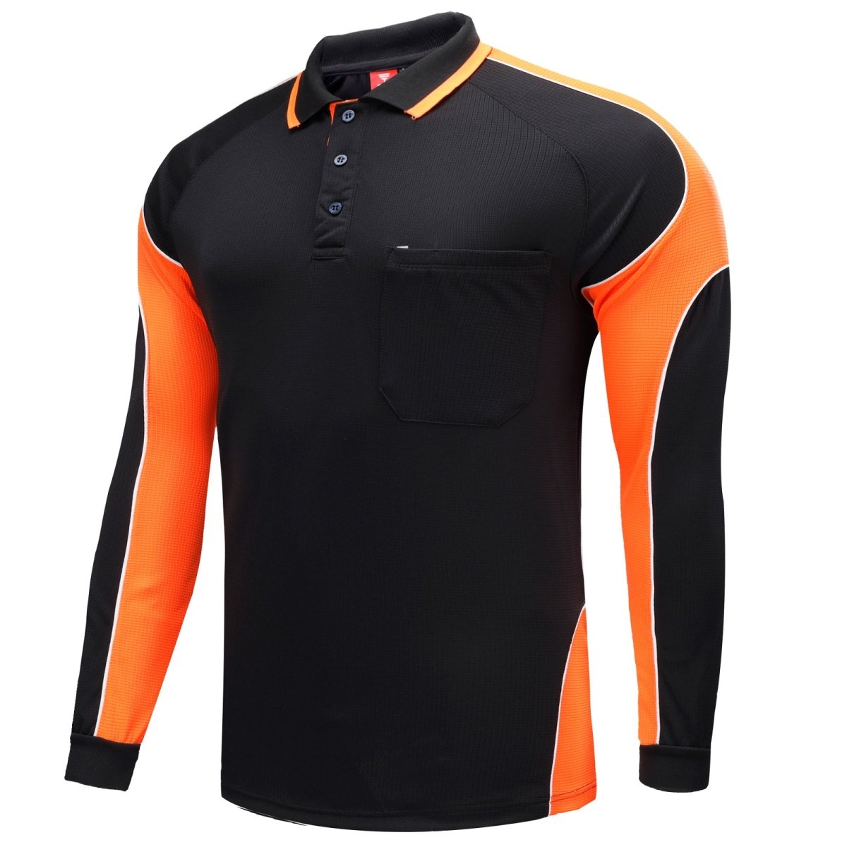 "Men’s Panel Long Sleeve polo shirt in Black with orange, side – Big Bee Workwear"