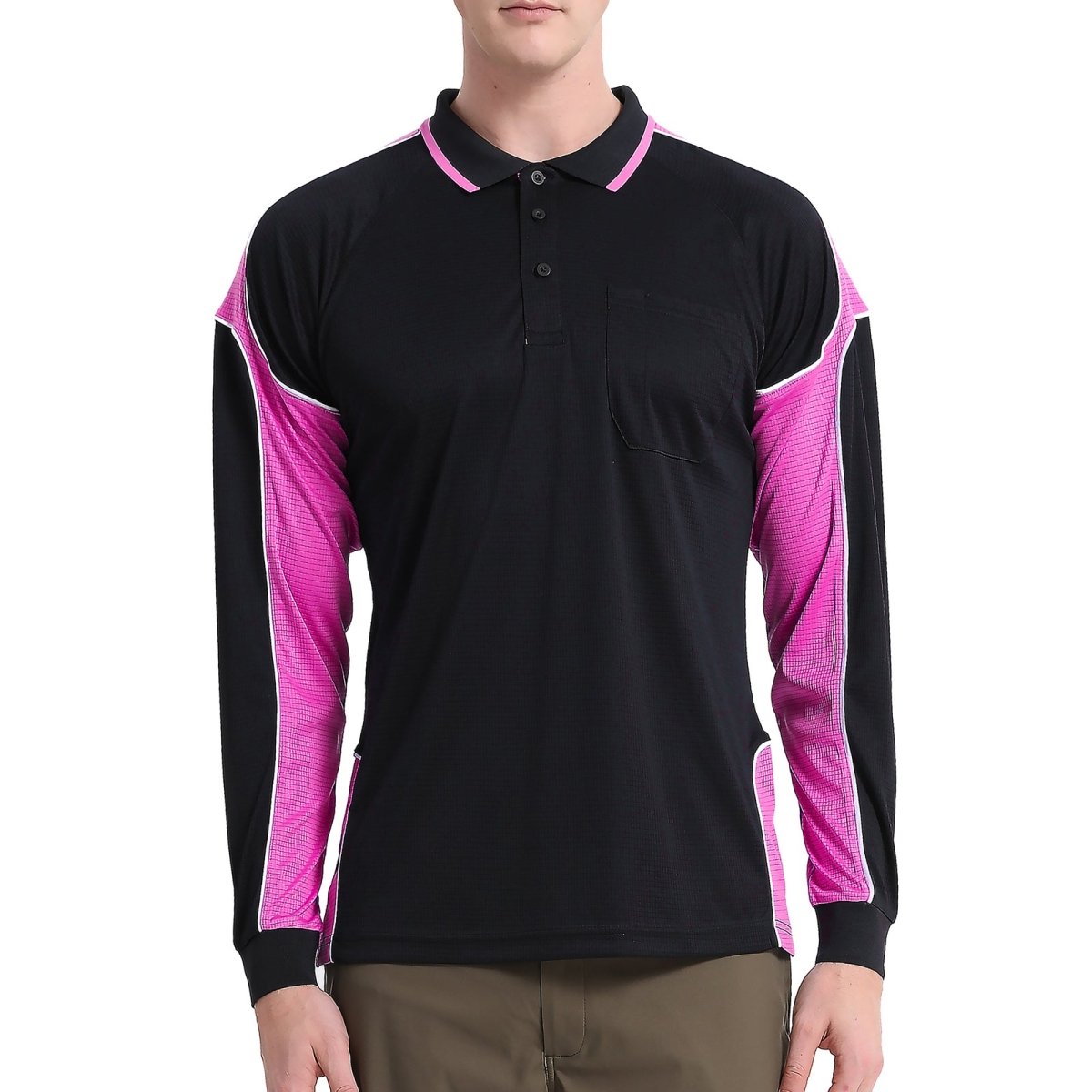 "Men’s Panel Long Sleeve polo shirt in Black with pink, model front – Big Bee Workwear"