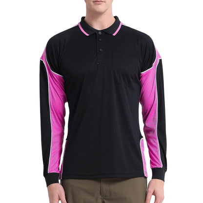 "Men’s Panel Long Sleeve polo shirt in Black with pink, model front – Big Bee Workwear"