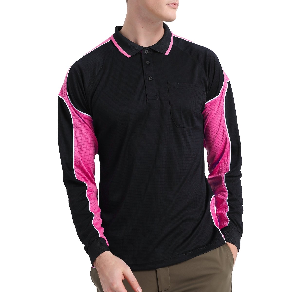 "Men’s Panel Long Sleeve polo shirt in Black with pink, model posed – Big Bee Workwear"