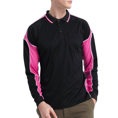 "Men’s Panel Long Sleeve polo shirt in Black with pink, model posed – Big Bee Workwear"
