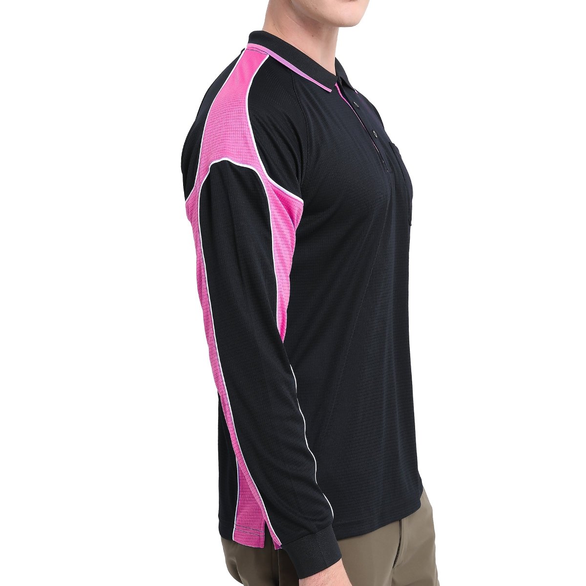 "Men’s Panel Long Sleeve polo shirt in Black with pink, model side – Big Bee Workwear"