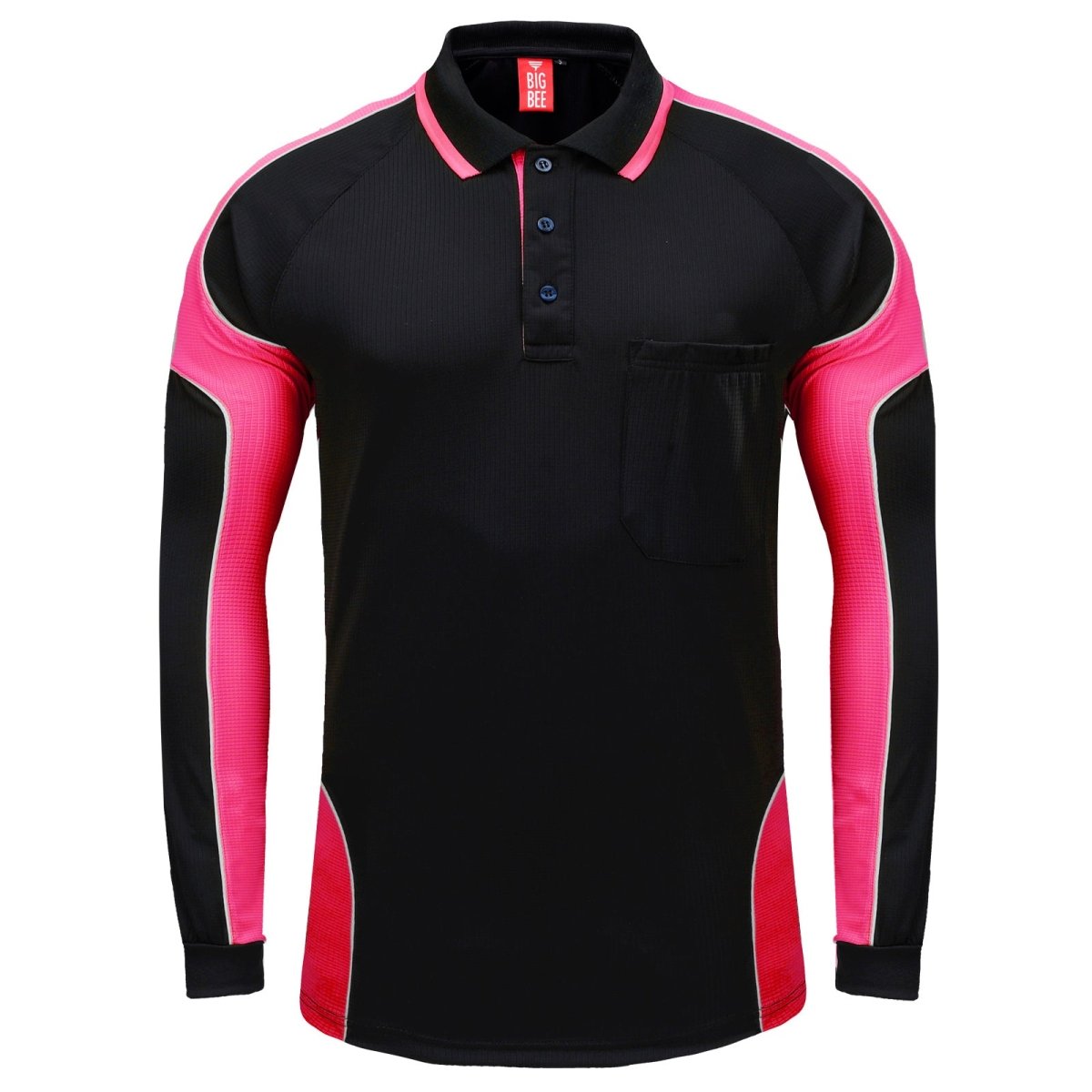 "Men’s Panel Long Sleeve polo shirt in Black with pink, front – Big Bee Workwear"
