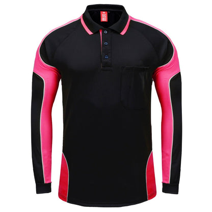 "Men’s Panel Long Sleeve polo shirt in Black with pink, front – Big Bee Workwear"